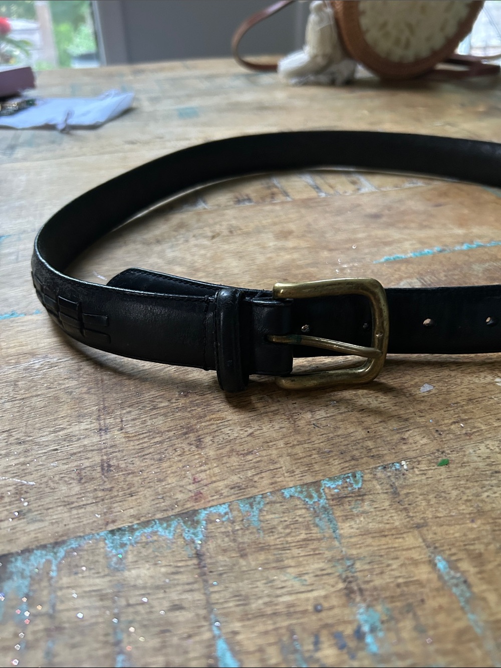 Source Unknown Black Leather Belt with Brass Buckle